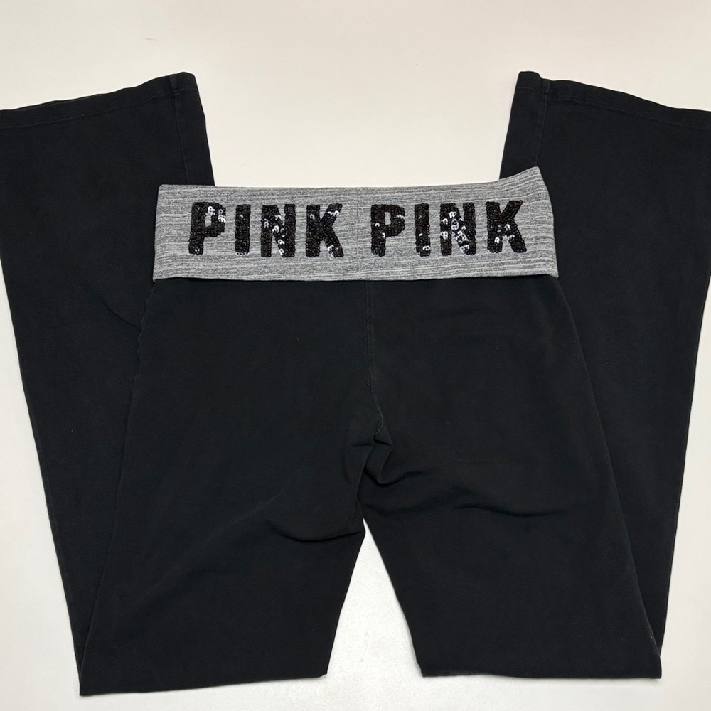 PINK Victoria's Secret Black Boot Cut Pants with Gray Sequin Waistband